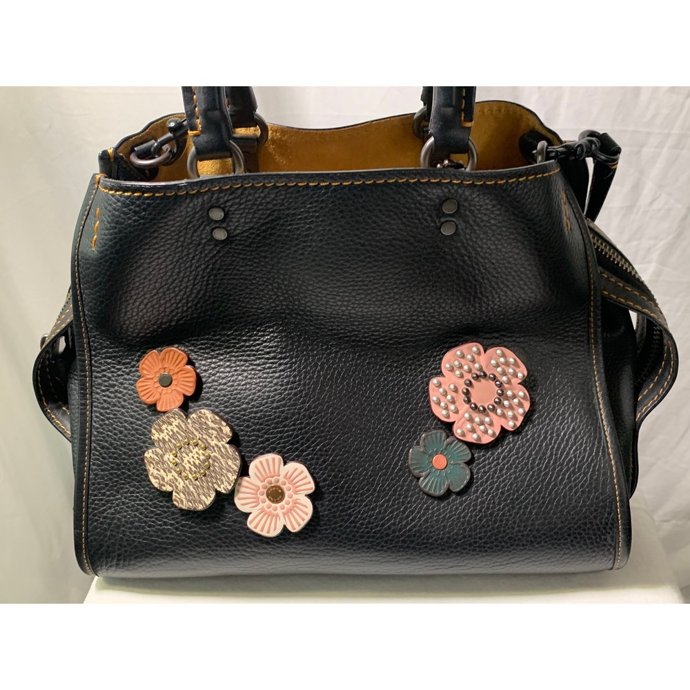 Coach Rogue 31 Black Glovetanned Pebble Leather Tea Rose Floral Satchel Bag